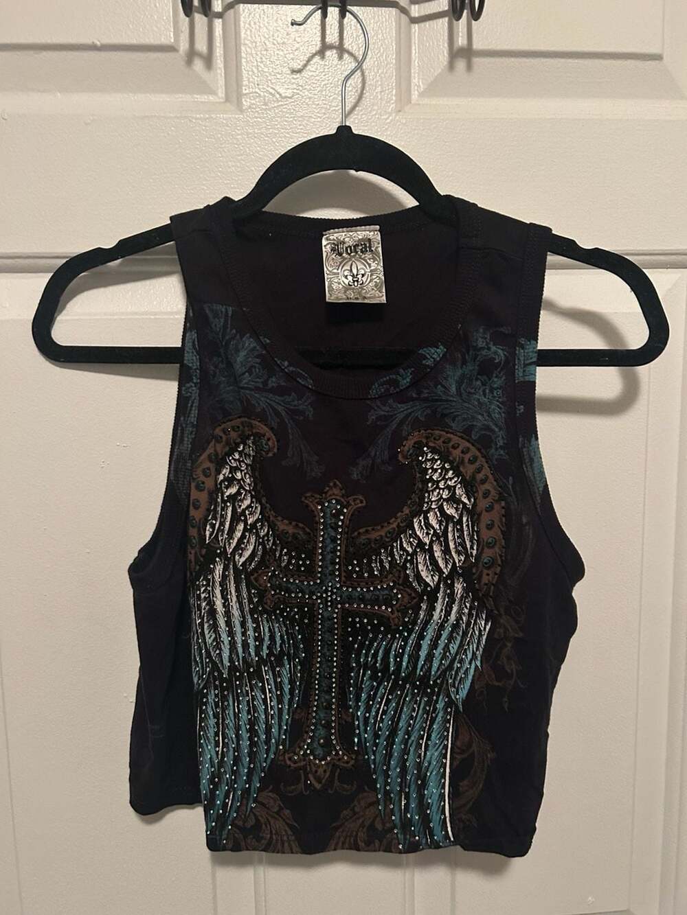 Vocal Apparel Black Crystal Stud Turquoise Cross and Angel Wings Tank Top